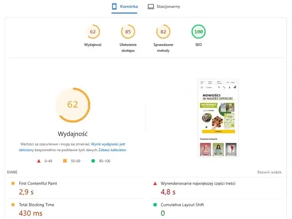 Wynik testu szybkości strony w Google PageSpeed Insights pokazujący, jak szybko ładuje się sklep online.