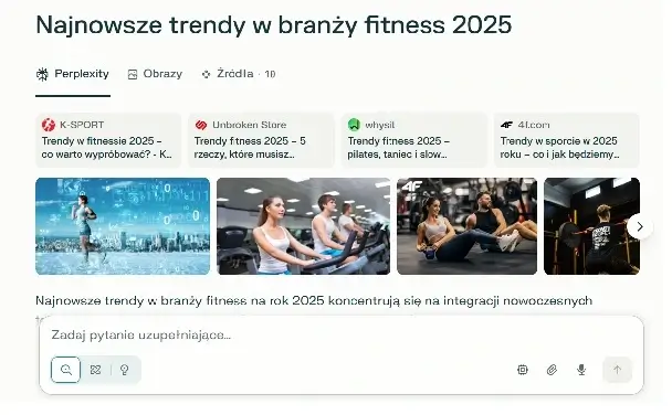 Perplexity wyszukuje trendy rynkowe i dostarcza źródła, wspierając research dla małego biznesu.