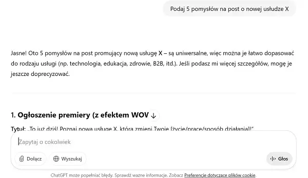 Zrzut ekranu: ChatGPT generuje pomysły na posty dla małej firmy, oszczędzając czas copywritera.