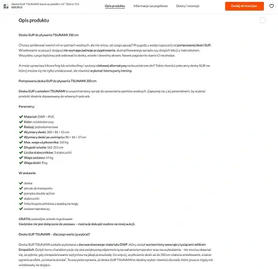 Zrzut ekranu z Empik Marketplace, pokazujący szczegółowy opis produktu - deski SUP Tsunami, z wypunktowanymi parametrami, zawartością zestawu i sekcją 'Dlaczego warto wybrać?'