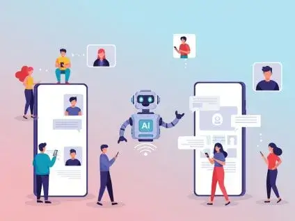 Robot z napisem "AI" w centrum, otoczony przez ludzi używających smartfonów. Dwie duże ramy telefonów po bokach wyświetlają dymki rozmów, sugerując interakcję ludzi z technologią. Obrazek symbolizuje, jak sztuczna inteligencja (AI) pomaga małym firmom w komunikacji i codziennych zadaniach, oszczędzając czas i ułatwiając kontakt z klientami.
