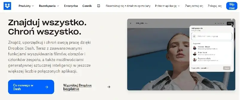 Minimalistyczna strona główna Dropbox, z dużym nagłówkiem i wyraźnym przyciskiem 'Wypróbuj za darmo', co jest przykładem skutecznego wezwania do działania.