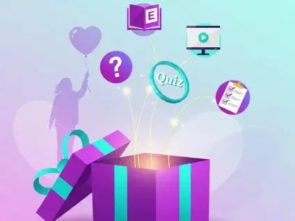 Grafika przedstawia fioletowo-turkusowe otwarte pudełko prezentowe, z którego wylatują cztery kolorowe ikony: e-book, quiz, webinar i checklista. W tle widać subtelną sylwetkę osoby z balonikiem w kształcie serca.