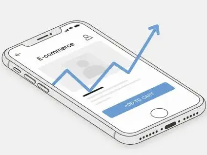 Grafika przedstawia biały smartfon, na którego ekranie widać minimalistyczny interfejs strony internetowej z przyciskiem "Dodaj do koszyka" oraz wykres, który rośnie w górę.