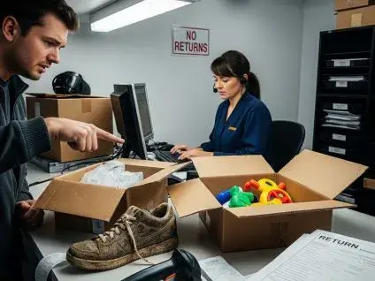 Mężczyzna w ciemnej bluzie wskazuje palcem na duży, otwarty karton. W pudełku znajdują się brudne, znoszone buty sportowe. Obok leży kolejny otwarty karton, a w nim kolorowe zabawki. W tle, za ladą, kobieta w uniformie i zestawie słuchawkowym wpatruje się w monitor komputera, z widocznym na ścianie czerwonym znakiem "NO RETURNS". Scena przedstawia pomyłkę w zamówieniu, co powoduje frustrację.