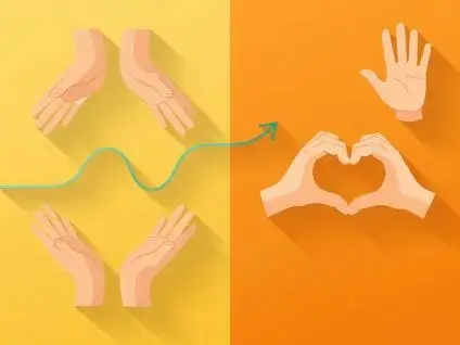 Grafika przedstawia gesty rąk w stylu flat design, symbolizujące podróż klienta. Po lewej stronie dłonie w geście powitania, a po prawej dłonie tworzące serce, co symbolizuje lojalność i pozytywne pożegnanie.