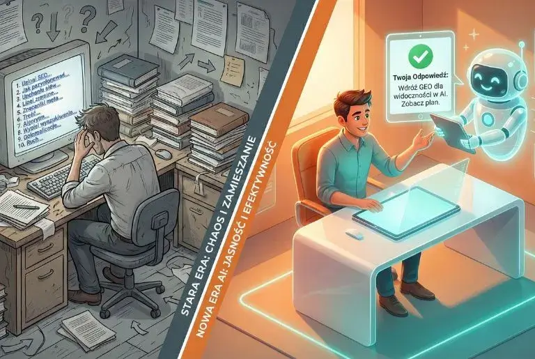 Grafika porównująca starą erę chaotycznego pozycjonowania (SEO) z nową, efektywną erą sztucznej inteligencji (AI i GEO). Po lewej zestresowany mężczyzna przy starym komputerze, po prawej zadowolony przedsiębiorca otrzymujący gotową odpowiedź od robota AI.