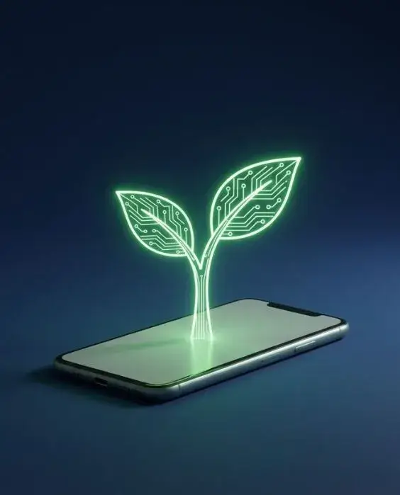 Smartfon, z którego ekranu wyrasta świecąca na zielono, cyfrowa sadzonka. Grafika symbolizuje wzrost biznesu dzięki mądrej inwestycji w technologię i automatyzację.